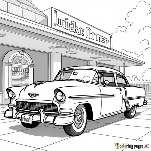 A 1950s-style classic car parked near a diner with a jukebox in the background.