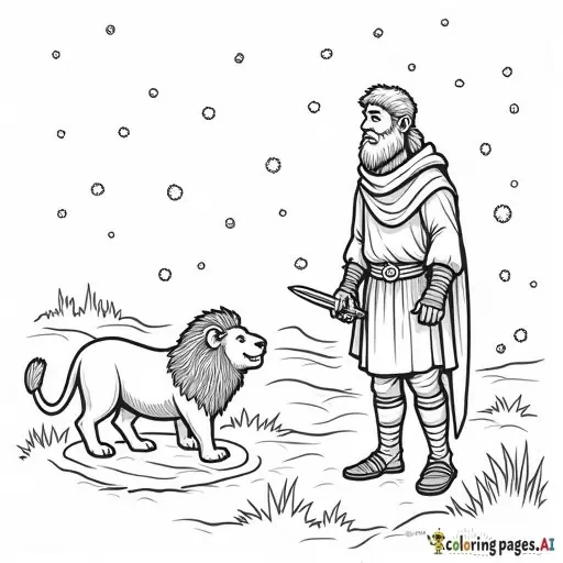 A brave Bible warrior named Benaiah stands near a pit on a snowy day with a lion inside the pit. He is holding a sword and looks fearless. Include a banner that says ‘Chase the Lion!’ and the Bible verse ‘2 Samuel 23:20’ at the bottom. Make it a simple black and white coloring page for kids ages 5–10