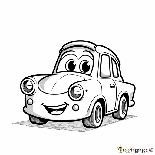 A cute, smiling cartoon car with big expressive eyes and a friendly face.