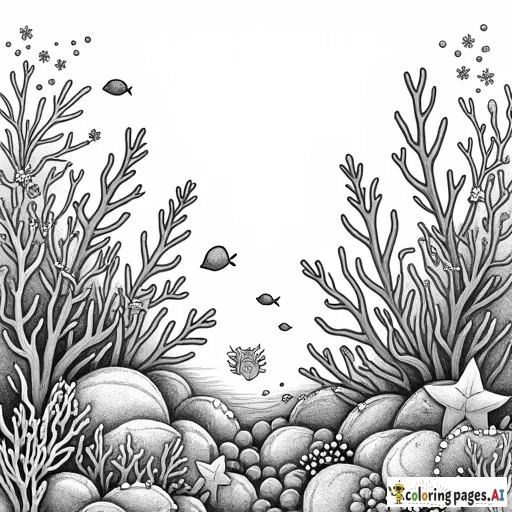A scene full of corals of different shapes, with starfish, seahorses and small fish.