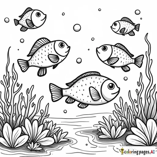 A school of fish of different shapes and sizes swimming around coral and seaweed.  Include details like scales, fins, and cute expressions on the fish.