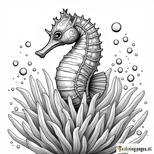A seahorse wrapped in an anemone, with air bubbles and small fish around it.  Details of anemones with interesting textures.