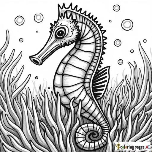 A seahorse wrapped in an anemone, with air bubbles and small fish around it.  Details of anemones with interesting textures.