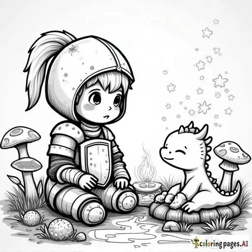 A small, cute knight in a rounded, cozy armor sitting by a campfire, a tiny dragon curled up next to him, surrounded by mushrooms and glowing flowers, bold lines, intricate details, adult coloring page style.