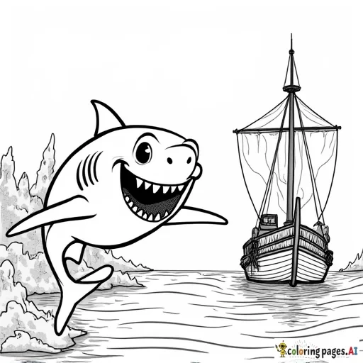 A smiling shark with not scary teeth swimming near a sunken ship in black and white