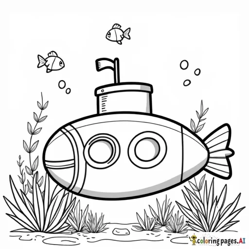 A submarine with round windows, surrounded by curious fish and marine plants.