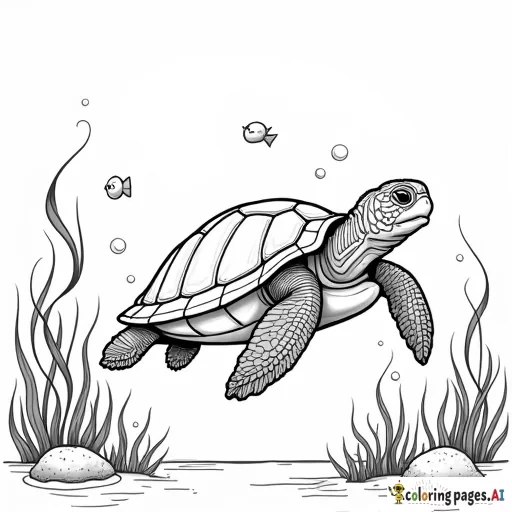 A turtle swimming calmly, with a detailed shell and seaweed floating around it.  Add small fish and air bubbles.
