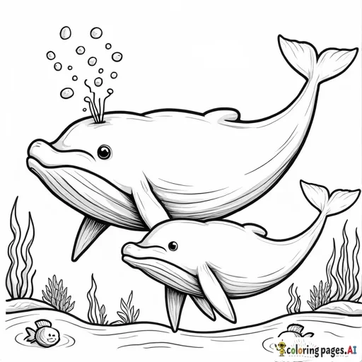 A whale and her calf swimming together, with water coming out of their blowholes.  Add small fish and seaweed around.
