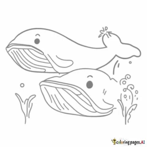 A whale and her calf swimming together, with water coming out of their blowholes.  Add small fish and seaweed around.