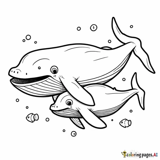 A whale and her calf swimming together, with water coming out of their blowholes.  Add small fish and seaweed around.