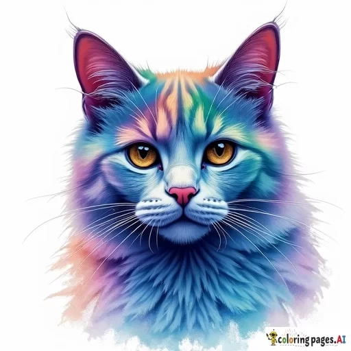 An artistic watercolor painting of a cat with a reverse color scheme. The cat's fur is in surreal hues like deep blues, purples, and greens, while its eyes, nose, and ears remain clearly visible with distinct yet softly blended details. The background is bright white, making the colors stand out. The watercolor edges are soft and light, blending seamlessly into the background for a delicate and fluid effect."