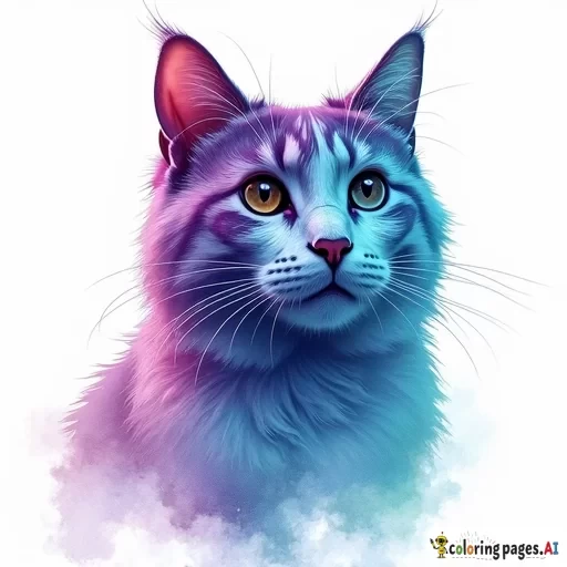 An artistic watercolor painting of a cat with a reverse color scheme. The cat's fur appears in surreal hues, such as deep blues, purples, and greens, creating an ethereal and dreamlike effect. The background is bright white, making the colors stand out vividly. The watercolor edges are soft and light, blending seamlessly into the background, giving the painting a delicate and fluid appearance."