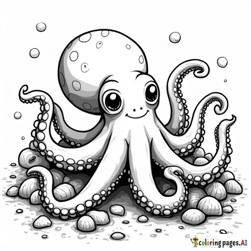 An octopus with tentacles wrapped around rocks and shells, with a playful expression.  Include details like suction cups on the tentacles and small treasures at the bottom of the sea.