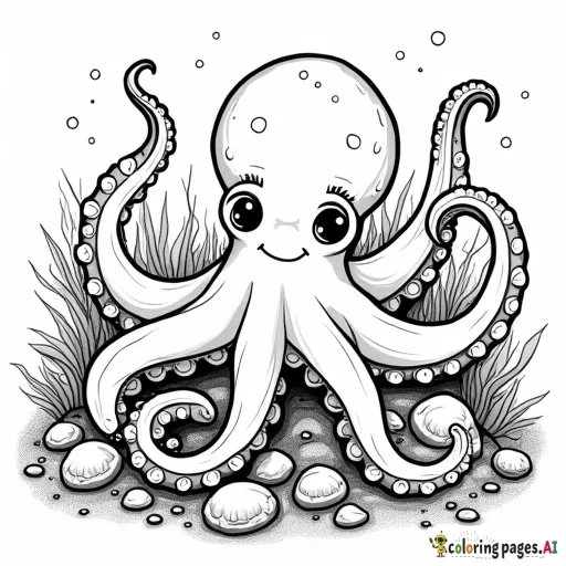 An octopus with tentacles wrapped around rocks and shells, with a playful expression.  Include details like suction cups on the tentacles and small treasures at the bottom of the sea.
