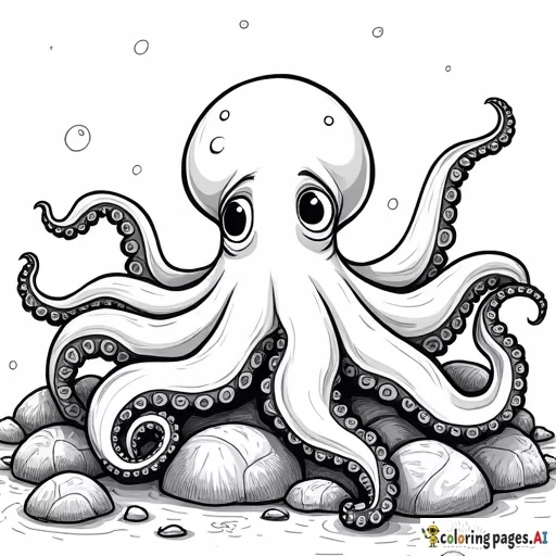 An octopus with tentacles wrapped around rocks and shells, with a playful expression.  Include details like suction cups on the tentacles and small treasures at the bottom of the sea.