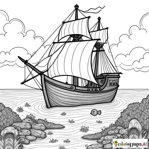 An old ship at the bottom of the sea, surrounded by fish, coral and treasures like chests and coins.  Add details like torn sails and broken wood.