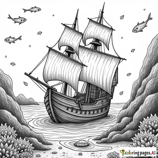 An old ship at the bottom of the sea, surrounded by fish, coral and treasures like chests and coins.  Add details like torn sails and broken wood.