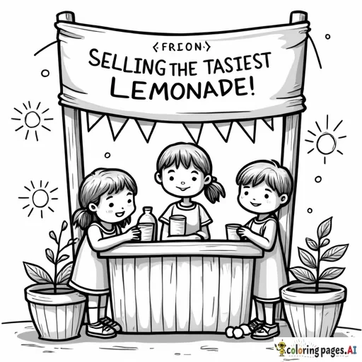 "Black and white coloring page for kids featuring a cute lemonade stand with the sign 'Selling the Tastiest Lemonade with Friends!' in big bold letters. Children happily selling and buying lemonade together, with lemons, cups, a pitcher, and summer decorations like bunting or sunshine. Thick black outlines only, no color, perfect for printing and coloring."
