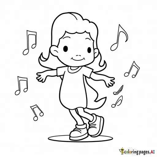 BTS dancing on stage, coloring book page style, thick black outlines, no shading, music notes background.