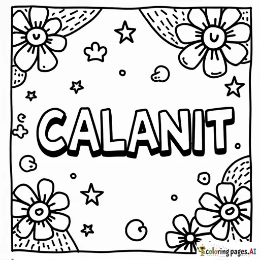 "Create a black-and-white coloring page with the name "CALANIT" in the center. Surround the name with fun doodles like stars, hearts, and flowers."