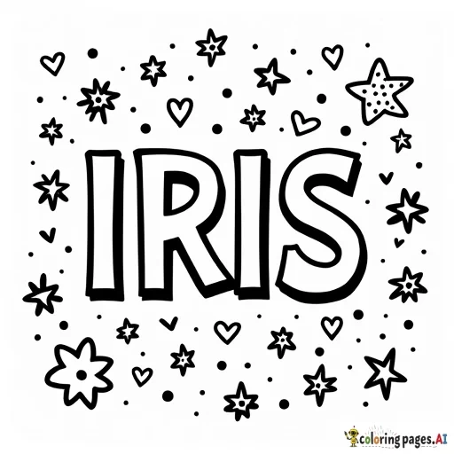 "Create a black-and-white coloring page with the name "IRIS in the center. Surround the name with fun doodles like stars, hearts, and flowers."