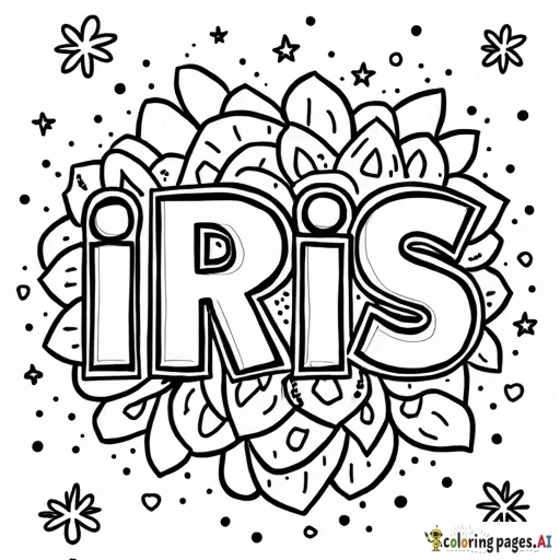 "Create a black-and-white coloring page with the name "IRIS in the center. Surround the name with fun doodles like stars, hearts, and flowers."