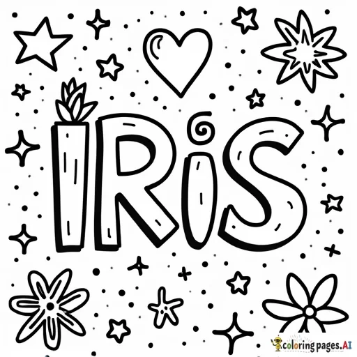 "Create a black-and-white coloring page with the name "IRIS in the center. Surround the name with fun doodles like stars, hearts, and flowers."