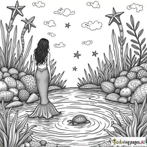 Cute mermaids in a whimsical underwater lagoon, friendly sea creatures like seahorses, starfish, and turtles, shells and coral with intricate patterns, bold outlines, cozy fantasy style, highly detailed black and white line art, for coloring book, magical and playful