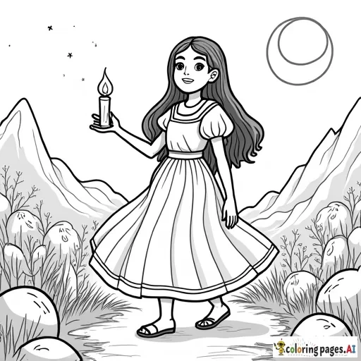 Dibujo para colorear de una niña valiente llamada Dayana, con cabello largo y oscuro, usando un vestido simple pero elegante, sosteniendo una lámpara de aceite. Ella está caminando por un paisaje místico con árboles y montañas, bajo una luna llena brillante. El fondo es oscuro pero el brillo de la luna ilumina su rostro, mostrando determinación y coraje. Los contornos deben ser limpios y claros, con detalles sencillos pero visibles, adecuados para colorear, sin demasiados detalles complejos. El estilo debe ser suave y de líneas simples."