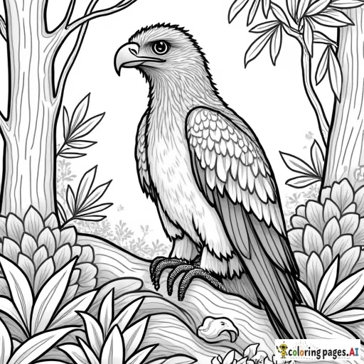 Draw friendly The Philippine eagle (Pithecophaga jefferyi), also known as the monkey-eating eagle or great Philippine eagle. Draw it in a forest full of plants, trees and flowers in the form of a coloring page. Remember that the Philippine eagle does not look like a regular eagle. On the head, longer, creamy dark brown feathers form a crest that looks like a lion's mane