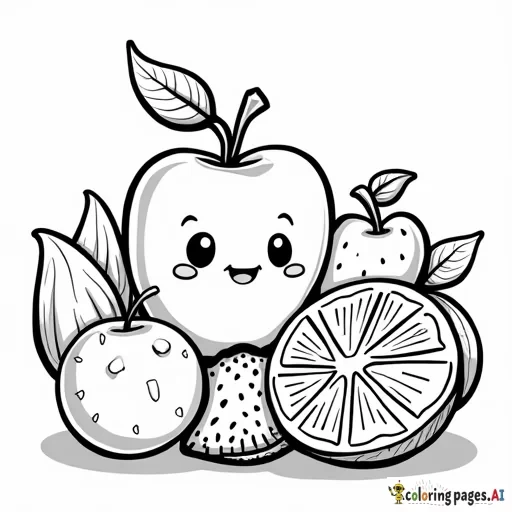 "Illustration of various cute fruits (apple, banana, strawberry, orange) in a kawaii cartoon style, black and white line art for a coloring book, clean and minimal design, formatted for an 8.5x8.5 inches book layout, trending on Amazon."  Inserisci dettagli riguardanti:  Lo stile (es. "kawaii", "cartoon", "minimal line art"). La qualità delle linee (es. "linee semplici e pulite"). Il formato (includi "square format 8.5x8.5 inches" o "formatted for 8.5x8.5"). Elementi emotivi (ad esempio "smiling fruits") per dare un tocco in più.