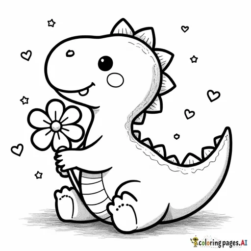 "Kawaii baby dinosaur holding a flower, surrounded by stars and tiny hearts, outline style."