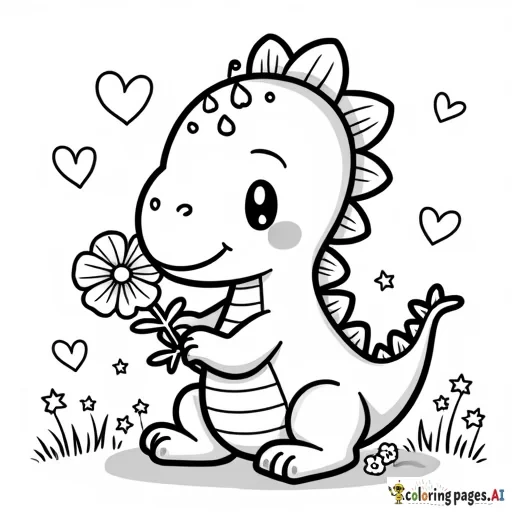 "Kawaii baby dinosaur holding a flower, surrounded by stars and tiny hearts, outline style."