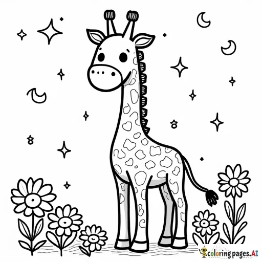 kawaii giraffe standing heart stars moons and candies around him with lots flowers  leave white ample space in the side corners  of flowers