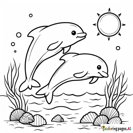 Playful Dolphins  Two dolphins jumping over the waves, with a sun in the background and seashells on the seabed.  Add air bubbles and small fish around.