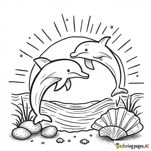 Playful Dolphins  Two dolphins jumping over the waves, with a sun in the background and seashells on the seabed.  Add air bubbles and small fish around.