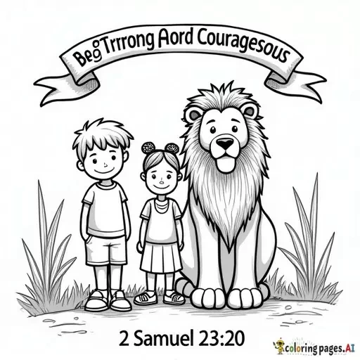 Please draw a coloring page with a boy and girl standing bravely beside a lion. Add a banner at the top that says 'Be Strong and Courageous' and include the verse '2 Samuel 23:20' at the bottom. The style should be black-and-white, simple outlines suitable for children ages 12- 16