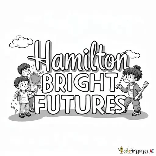 Simple black-and-white line drawing of the text ‘Hamilton Bright Futures,’ with diverse ethnic children playing around the text, coloring book style.”