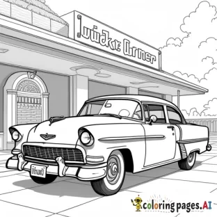 A 1950s-style classic car parked near a diner with a jukebox in the background.