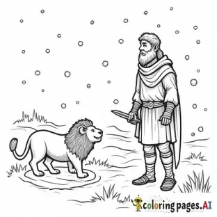 A brave Bible warrior named Benaiah stands near a pit on a snowy day with a lion inside the pit. He is holding a sword and looks fearless. Include a banner that says ‘Chase the Lion!’ and the Bible verse ‘2 Samuel 23:20’ at the bottom. Make it a simple black and white coloring page for kids ages 5–10
