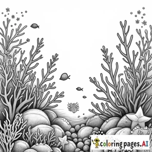 A scene full of corals of different shapes, with starfish, seahorses and small fish.