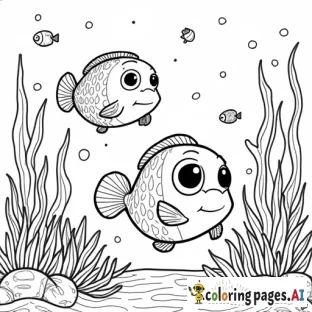 A school of fish of different shapes and sizes swimming around coral and seaweed.  Include details like scales, fins, and cute expressions on the fish.