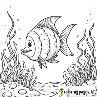 A school of fish of different shapes and sizes swimming around coral and seaweed.  Include details like scales, fins, and cute expressions on the fish.