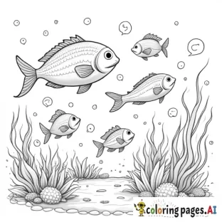 A school of fish of different shapes and sizes swimming around coral and seaweed.  Include details like scales, fins, and cute expressions on the fish.
