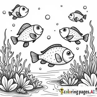 A school of fish of different shapes and sizes swimming around coral and seaweed.  Include details like scales, fins, and cute expressions on the fish.