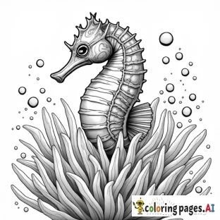 A seahorse wrapped in an anemone, with air bubbles and small fish around it.  Details of anemones with interesting textures.