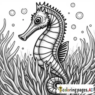 A seahorse wrapped in an anemone, with air bubbles and small fish around it.  Details of anemones with interesting textures.