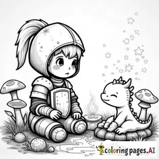 A small, cute knight in a rounded, cozy armor sitting by a campfire, a tiny dragon curled up next to him, surrounded by mushrooms and glowing flowers, bold lines, intricate details, adult coloring page style.