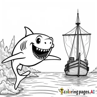 A smiling shark with not scary teeth swimming near a sunken ship in black and white