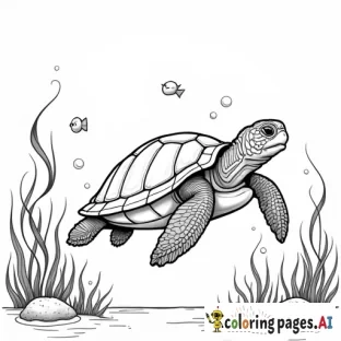 A turtle swimming calmly, with a detailed shell and seaweed floating around it.  Add small fish and air bubbles.